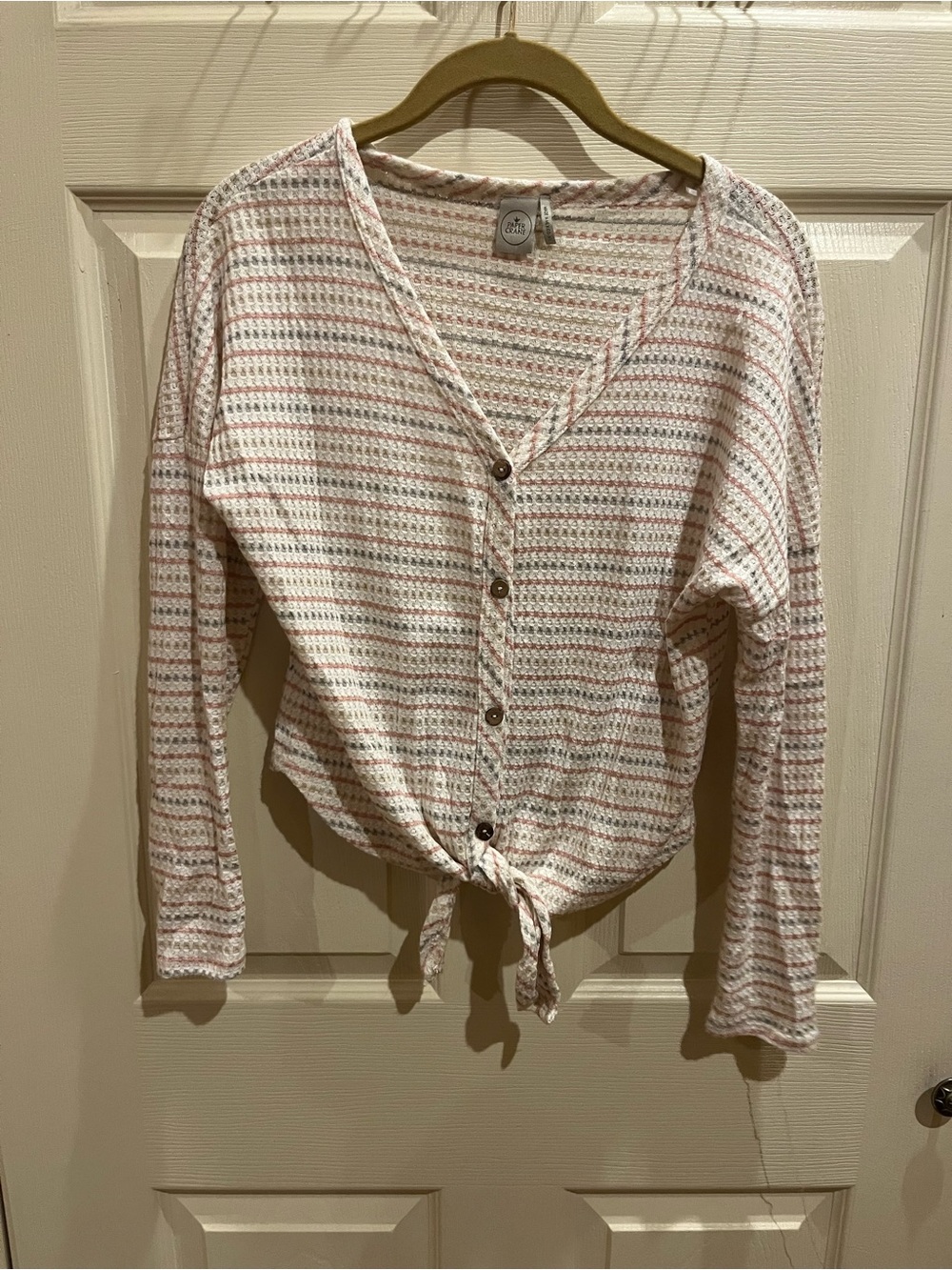 Paper Crane Pink & White Striped Button-Front Tie-Hem Top